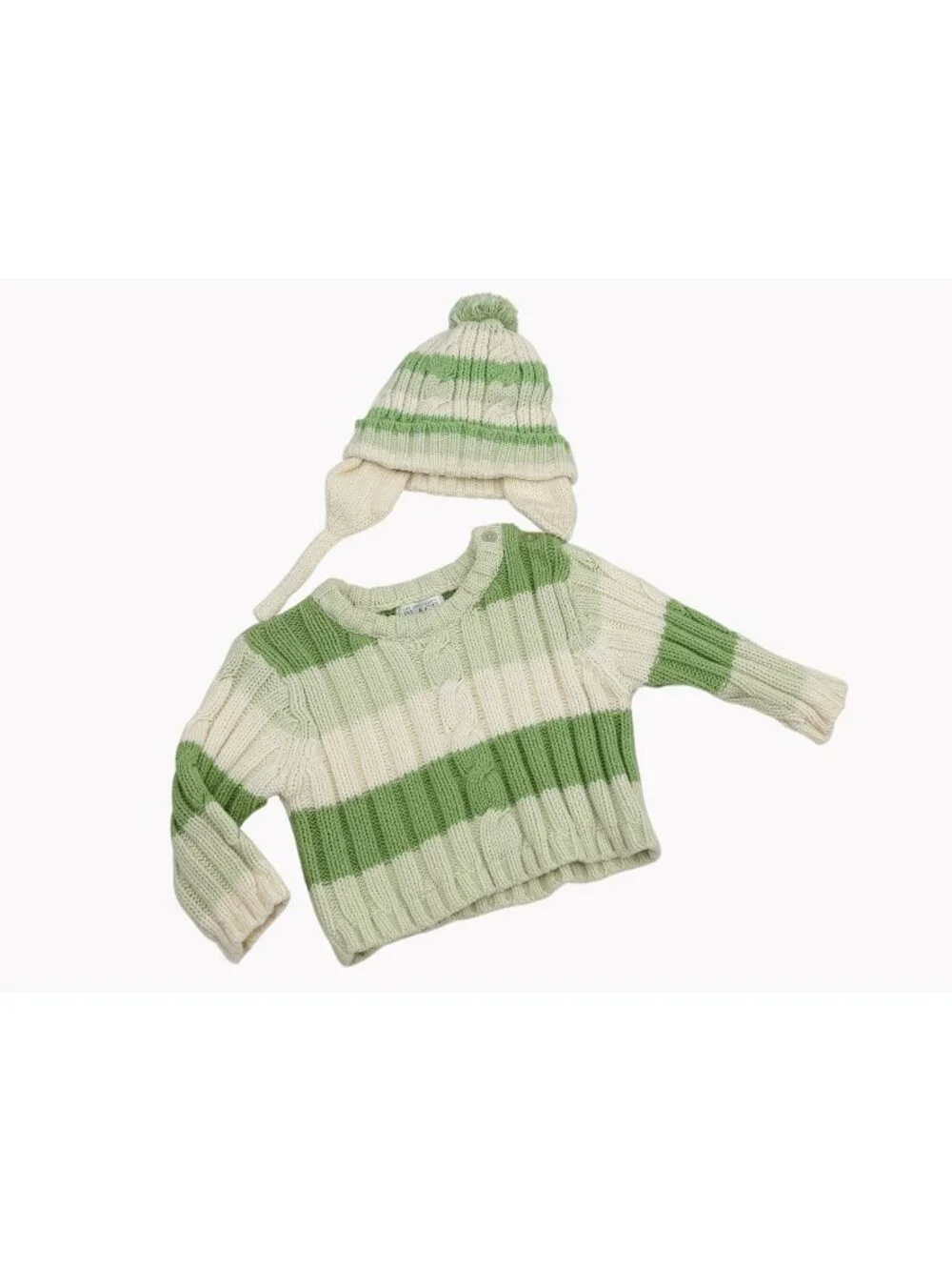 Childrens Place Baby 12M Green Cream Striped Sweater Hat Set Cotton Blend - Picture 1 of 6